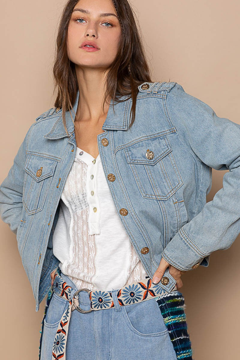 POL Shoulder Strap Metal Buttons Oversized Fit Denim Jacket