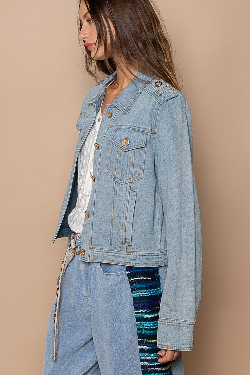 POL Shoulder Strap Metal Buttons Oversized Fit Denim Jacket