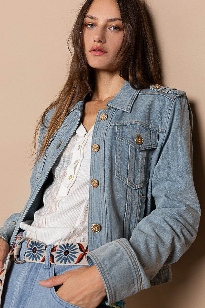 POL Shoulder Strap Metal Buttons Oversized Fit Denim Jacket