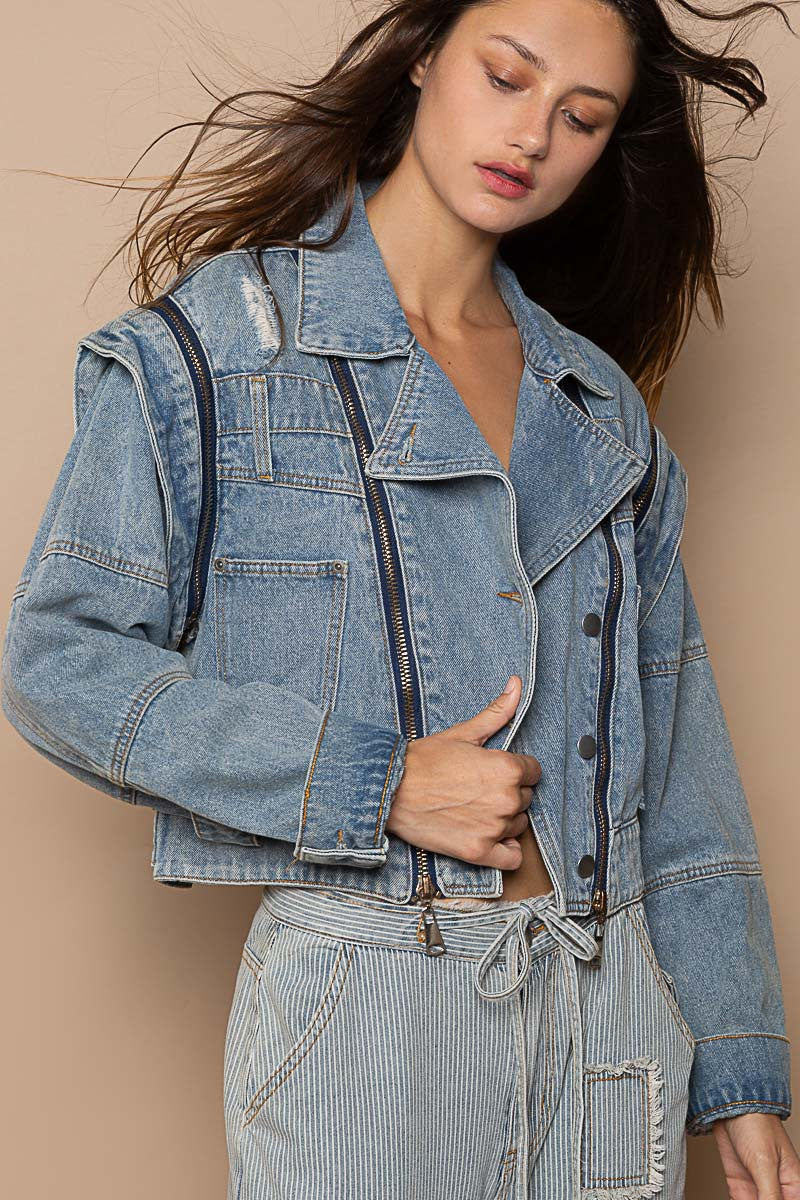 POL Oversized Denim Zipper Long Sleeve Distressed Jacket