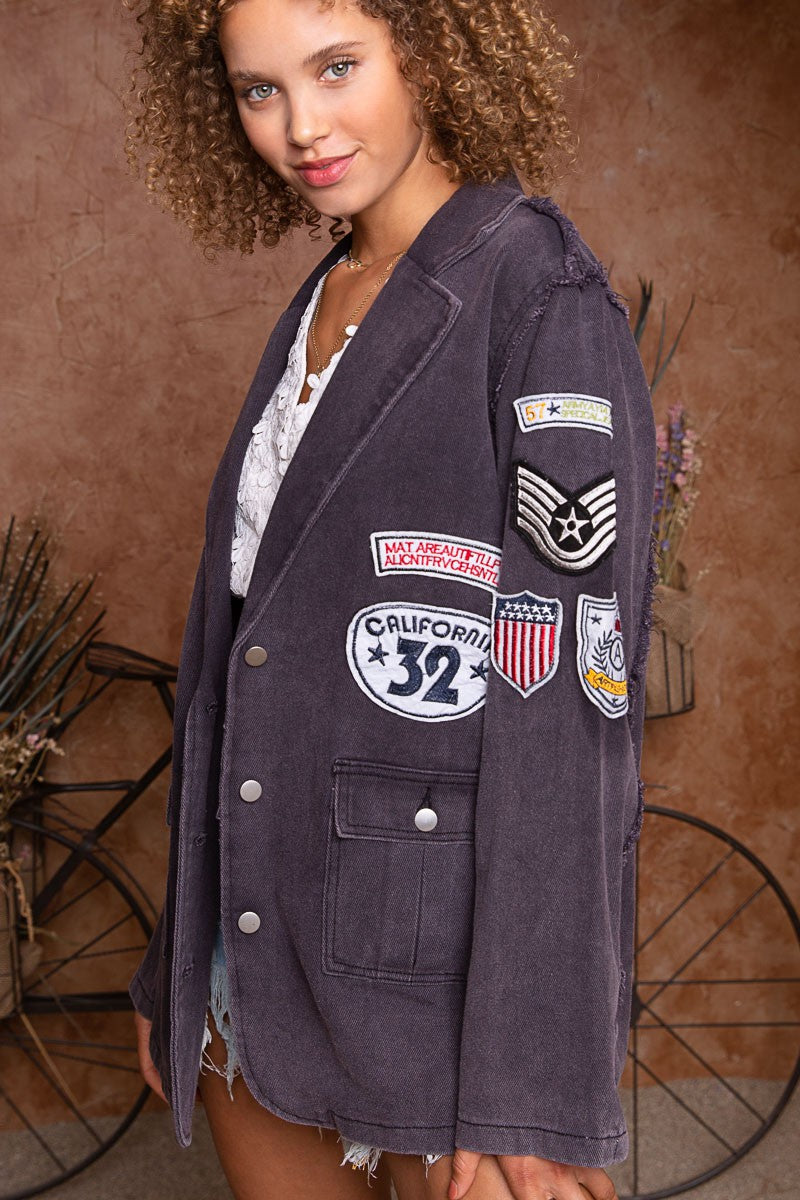 POL Vintage Patch Detail Military Raw Edge Seam Blazer Jacket