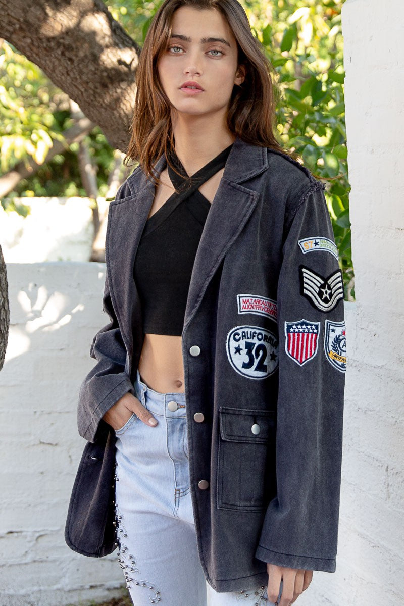 POL Vintage Patch Detail Military Raw Edge Seam Blazer Jacket