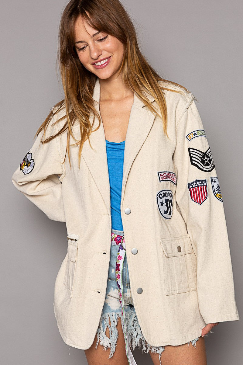 POL Vintage Patch Detail Military Raw Edge Seam Blazer Jacket
