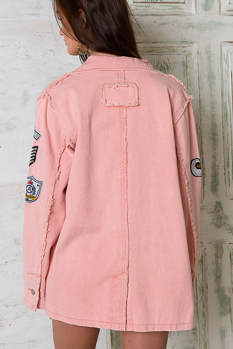 POL Vintage Patch Detail Military Raw Edge Seam Blazer Jacket
