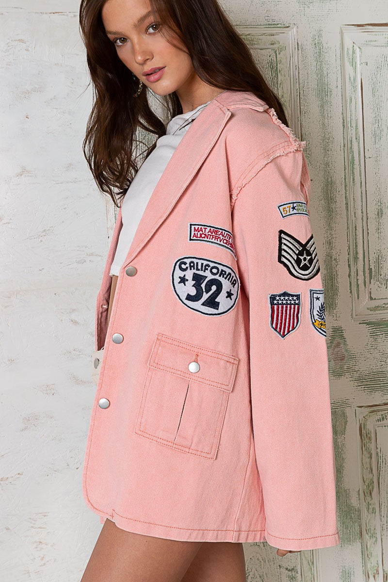 POL Vintage Patch Detail Military Raw Edge Seam Blazer Jacket