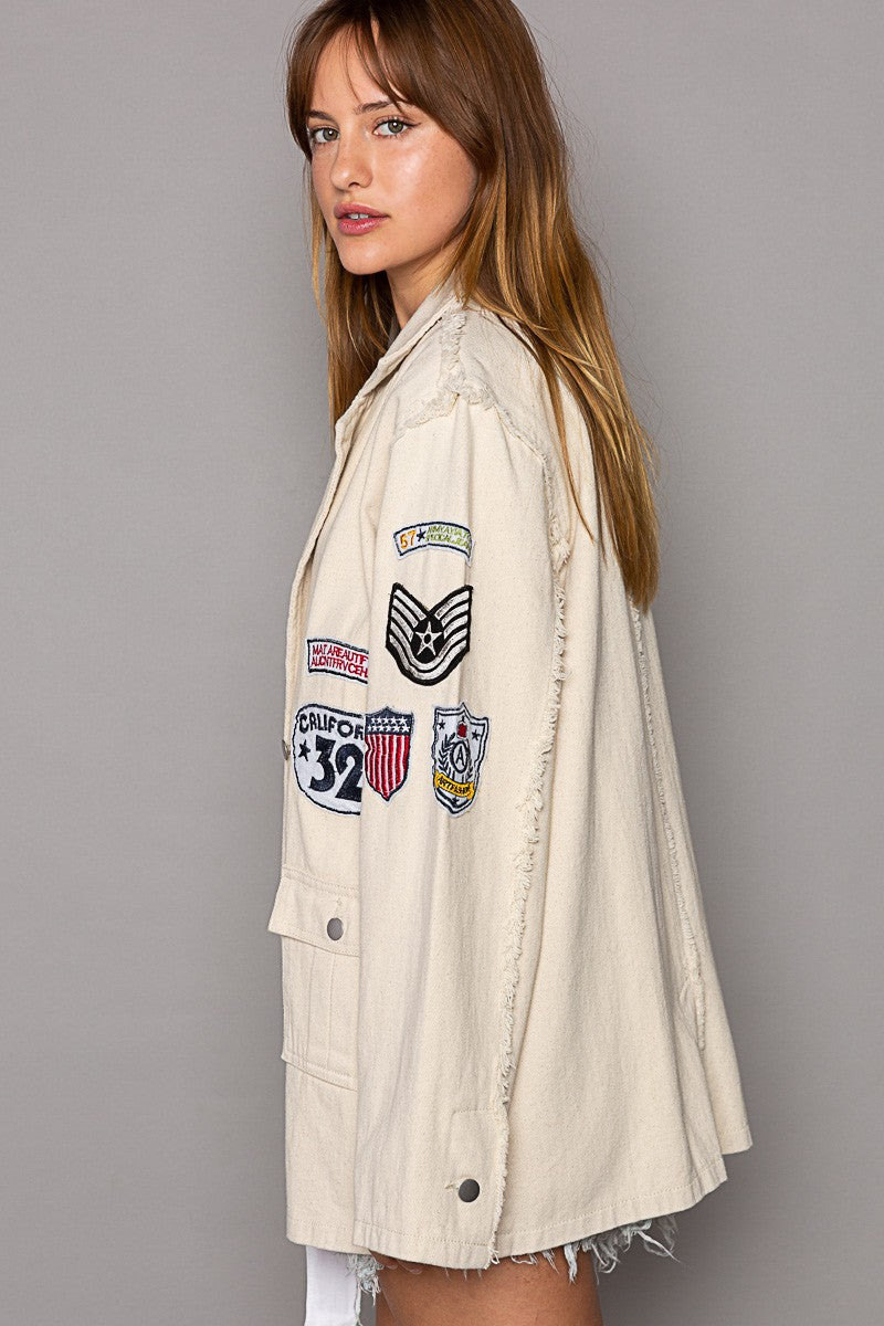 POL Vintage Patch Detail Military Raw Edge Seam Blazer Jacket