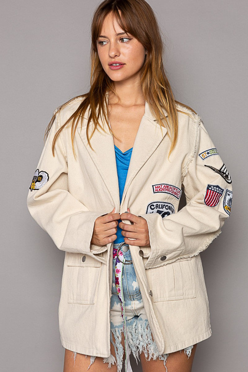 POL Vintage Patch Detail Military Raw Edge Seam Blazer Jacket
