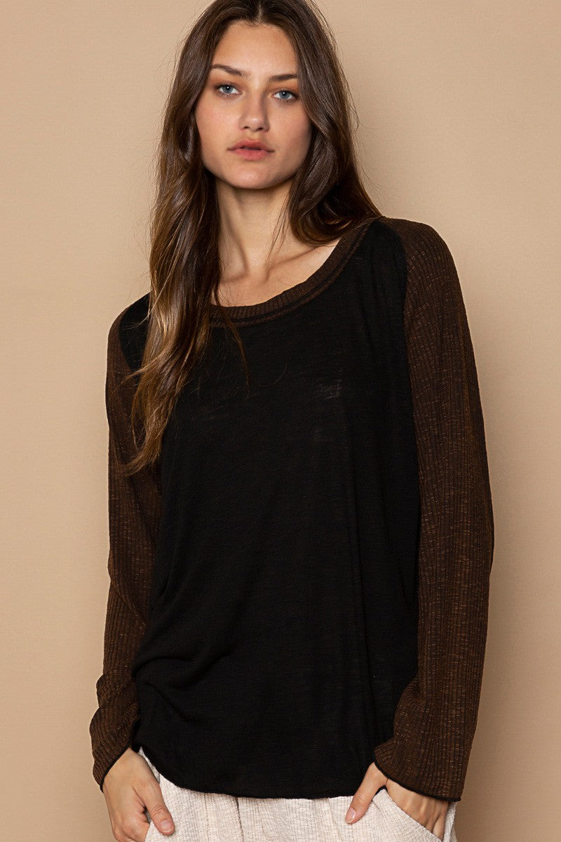 POL Rommy Fit Raw Edge Scoop Neck Raglan Knit Top