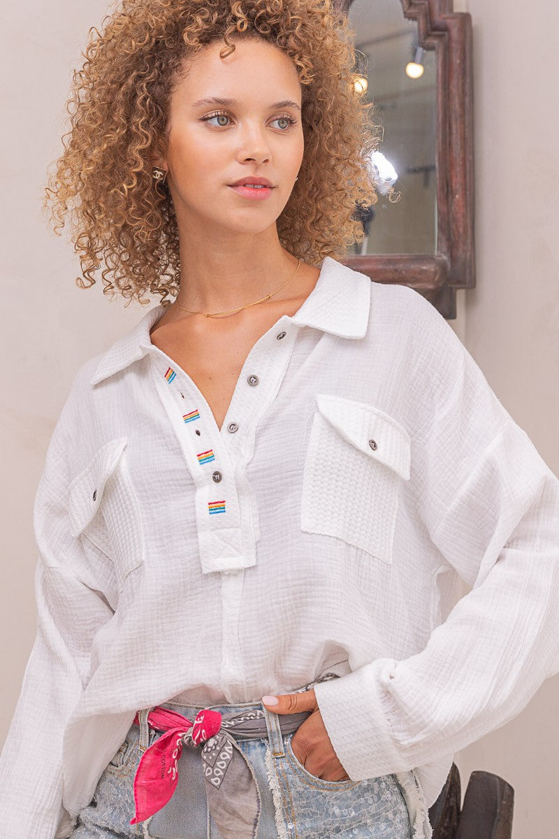 POL Color Stitch Relaxed Fit Front Pocket Long Sleeve Top - Roulhac Fashion Boutique