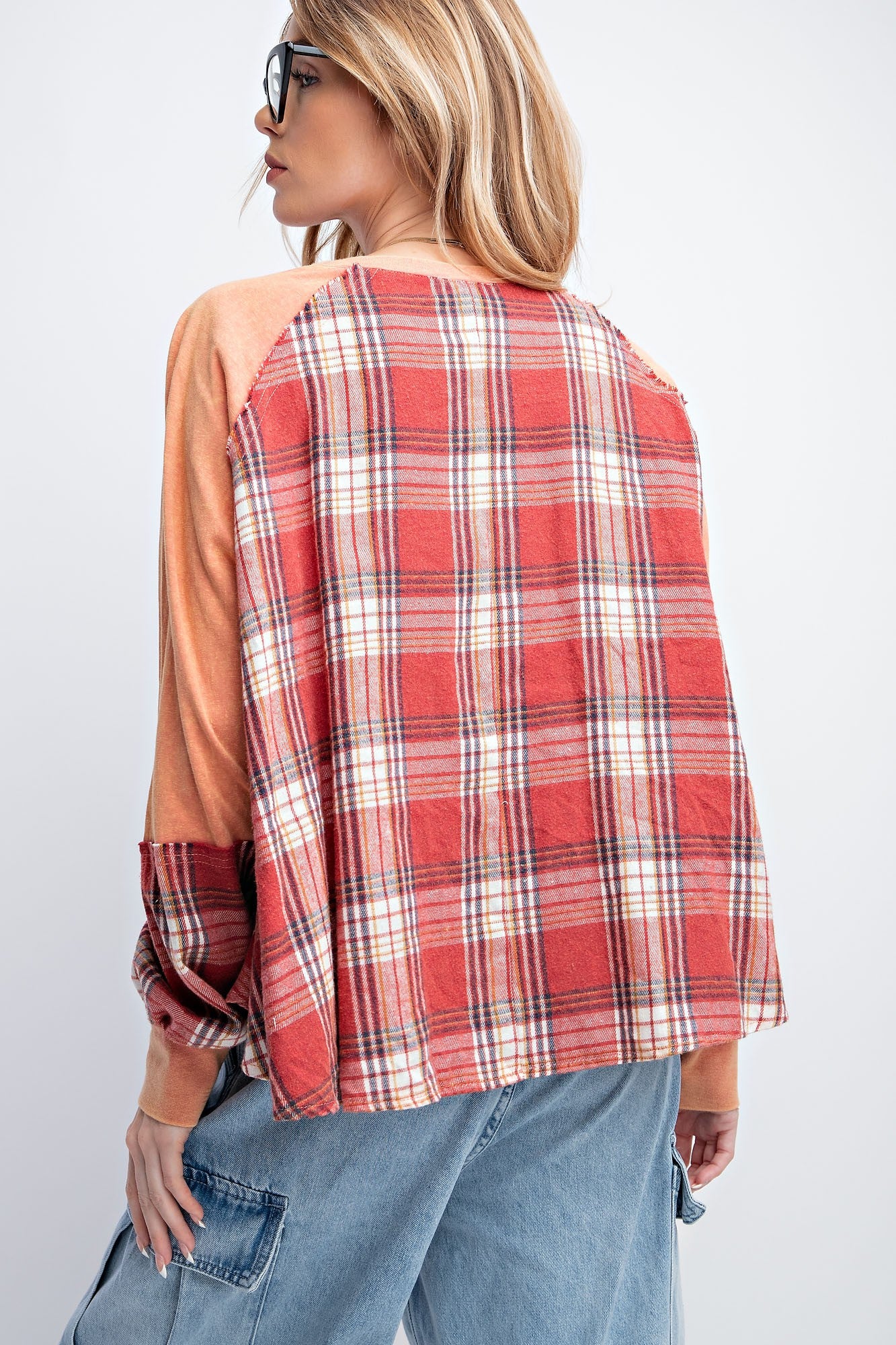 Easel Coral Red Plaid Mix Mineral Washed Rounded Neck Loose Fit Pullover Top - Roulhac Fashion Boutique