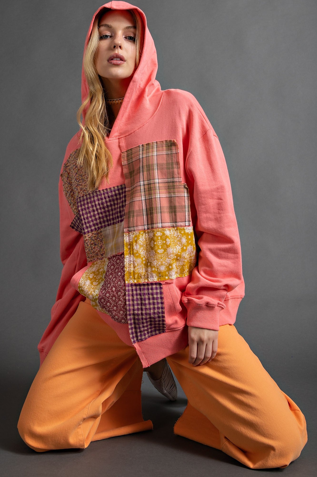 Easel Coral Patchworks Terry Knit Uneven Bottom Hem Loose Fit Pullover Hoodie - Roulhac Fashion Boutique