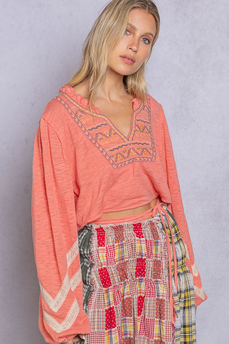 POL Cropped V-neck Crop Length Back Button Down Ruffle Long Sleeve Top - Roulhac Fashion Boutique