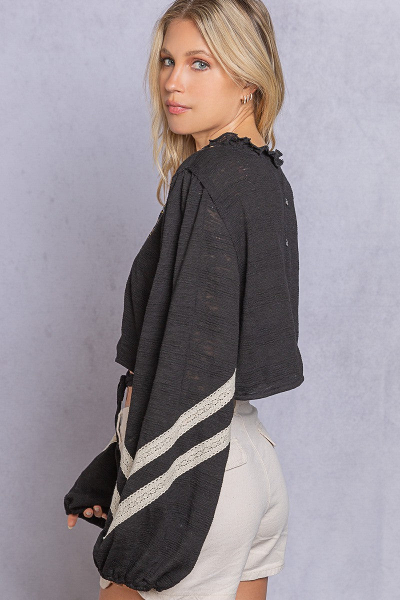 POL Cropped V-neck Crop Length Back Button Down Ruffle Long Sleeve Top