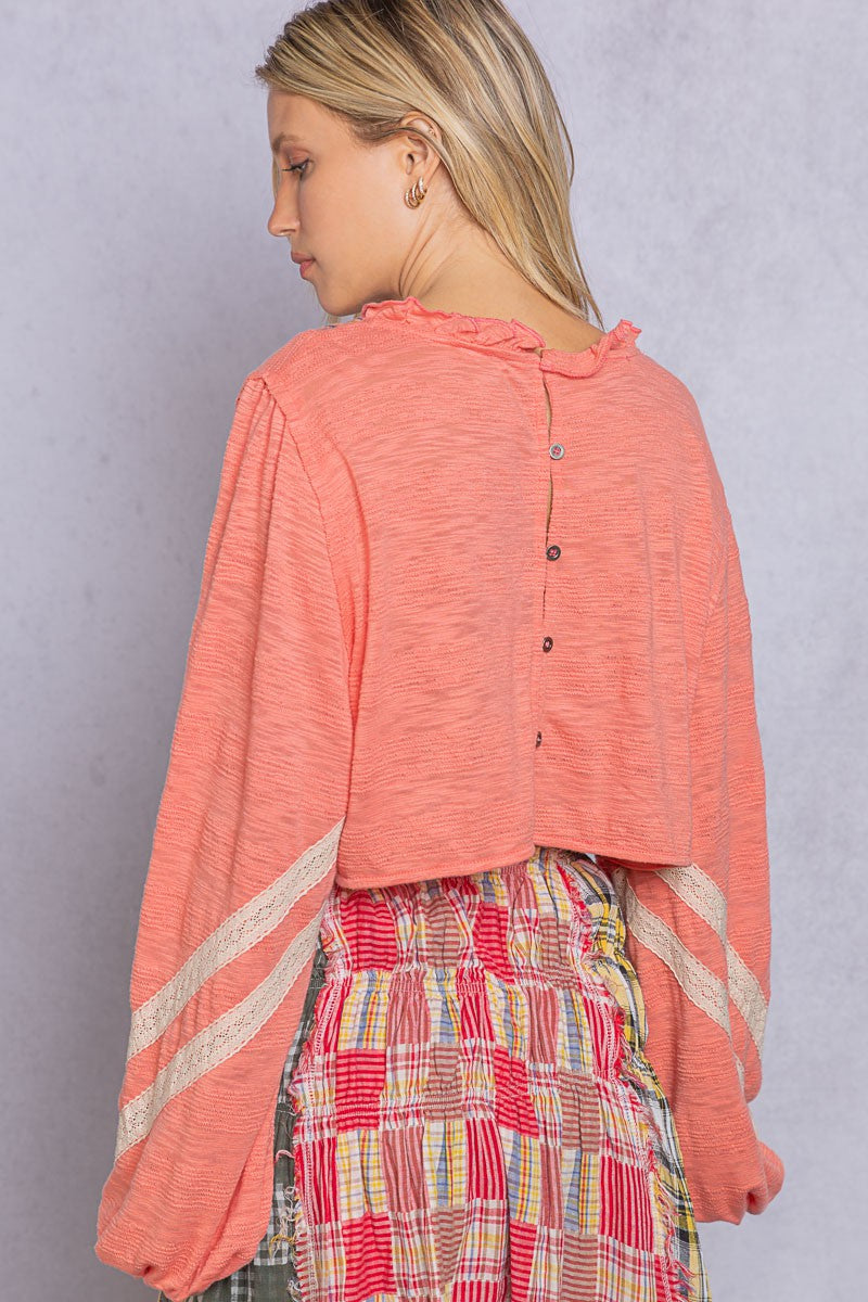 POL Cropped V-neck Crop Length Back Button Down Ruffle Long Sleeve Top