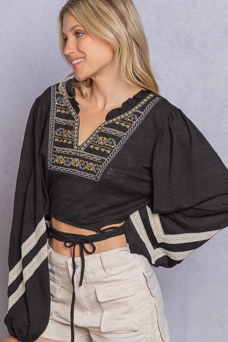 POL Cropped V-neck Crop Length Back Button Down Ruffle Long Sleeve Top