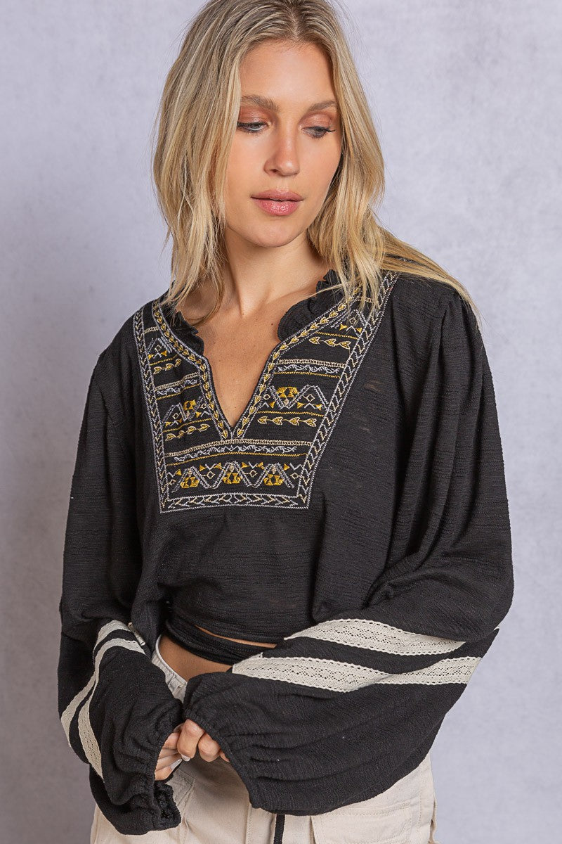 POL Cropped V-neck Crop Length Back Button Down Ruffle Long Sleeve Top