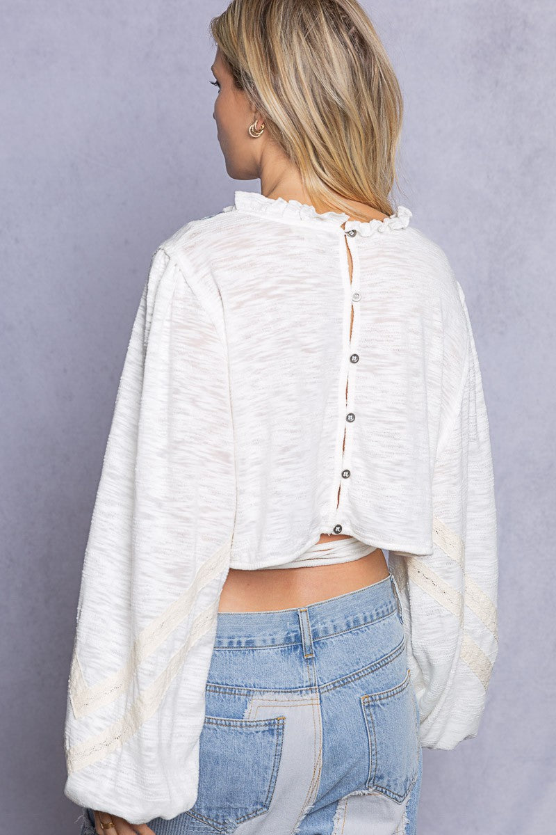 POL Cropped V-neck Crop Length Back Button Down Ruffle Long Sleeve Top - Roulhac Fashion Boutique