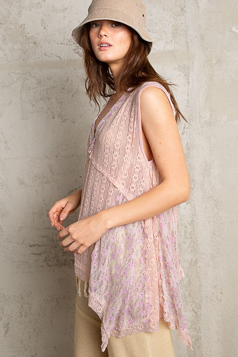 POL Multi V-neck Sheer Lace Relaxed Fit Frayed Edge Sleeveless Knit Top - Roulhac Fashion Boutique