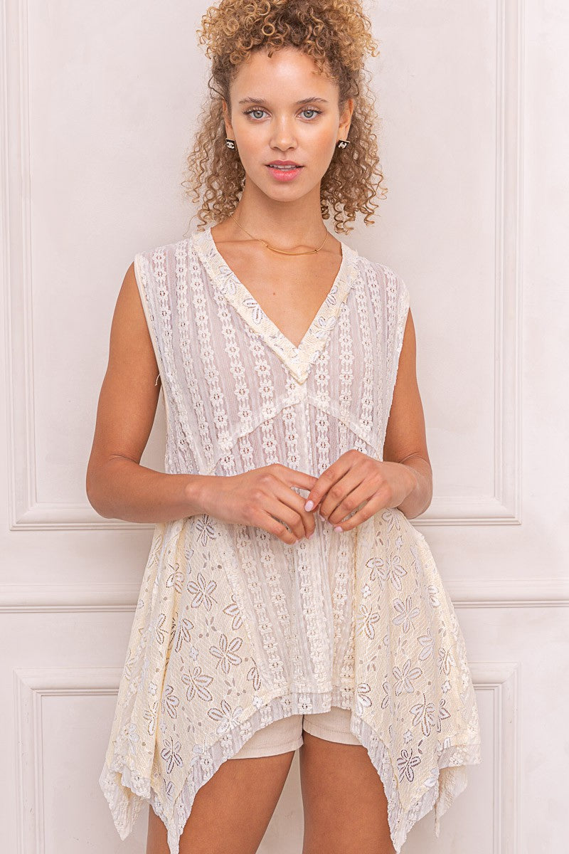 POL Multi V-neck Sheer Lace Relaxed Fit Frayed Edge Sleeveless Knit Top