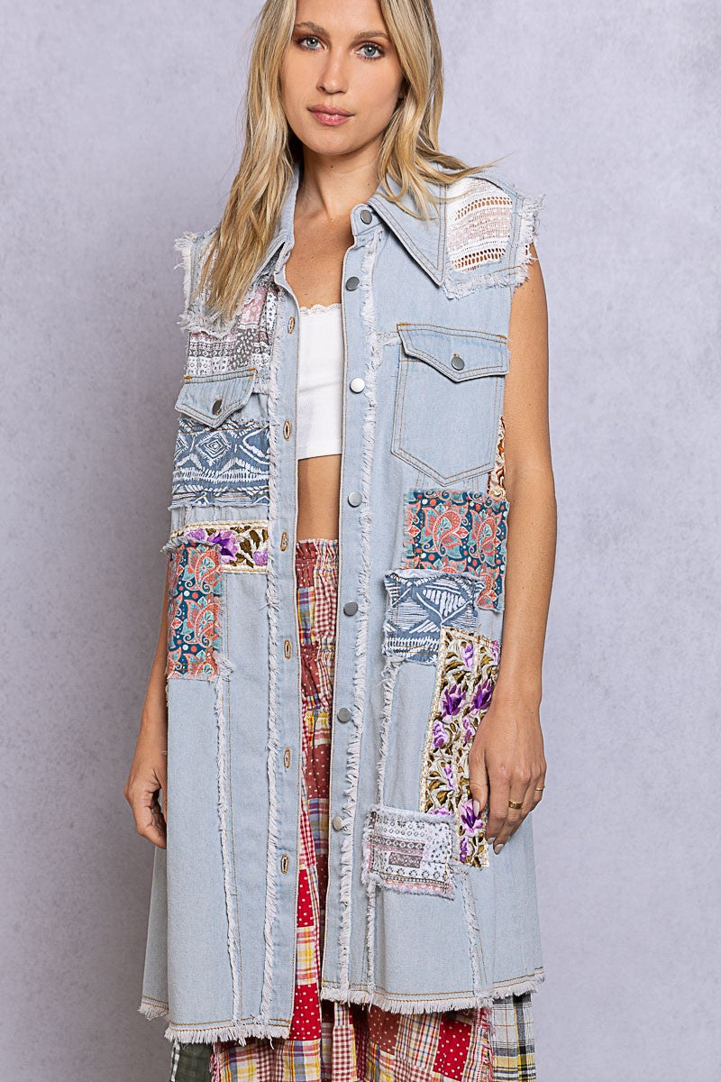 POL Sleeveless Button Down Patch Work Denim Dress Top Jacket - Roulhac Fashion Boutique