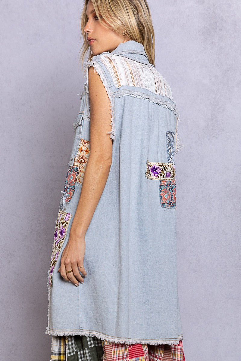 POL Sleeveless Button Down Patch Work Denim Dress Top