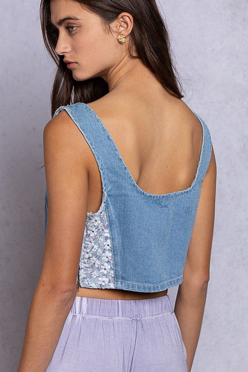 POL Lace Mix Cropped Denim Sleeveless Outbidding Top