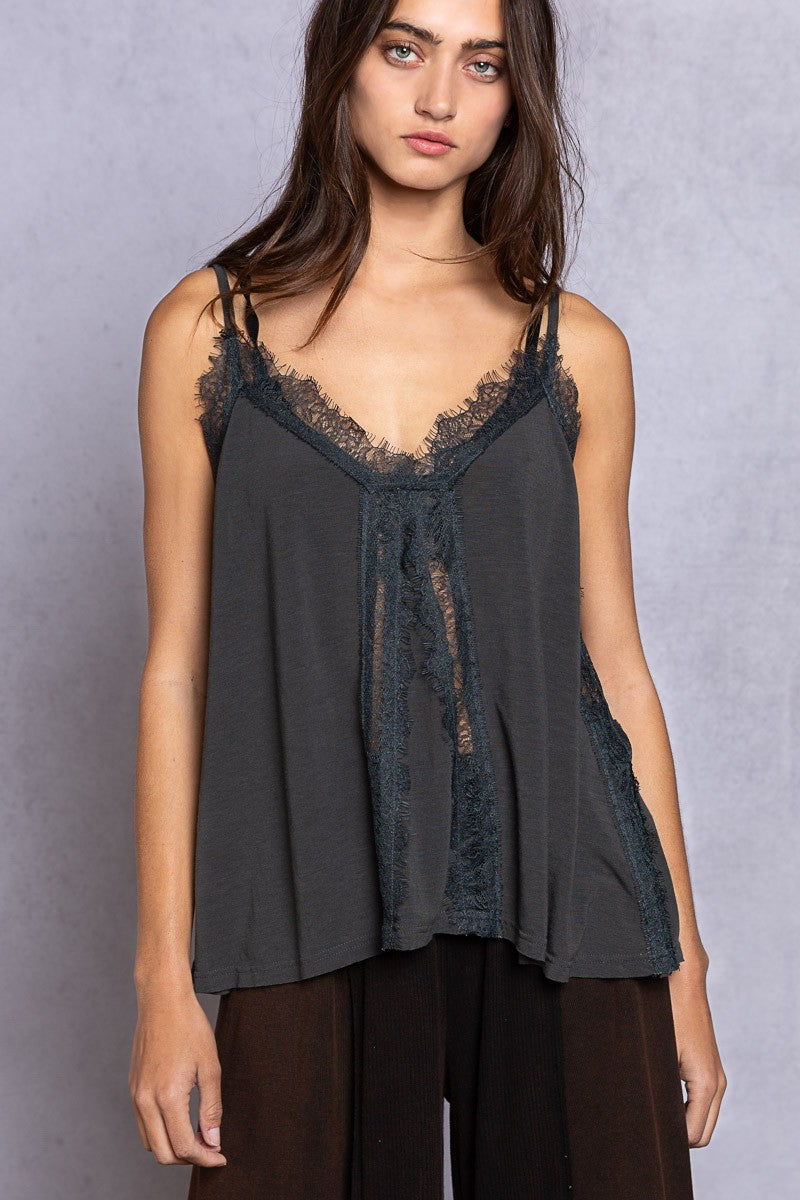 POL V Neck Sleeveless Lace Trim Tank Top
