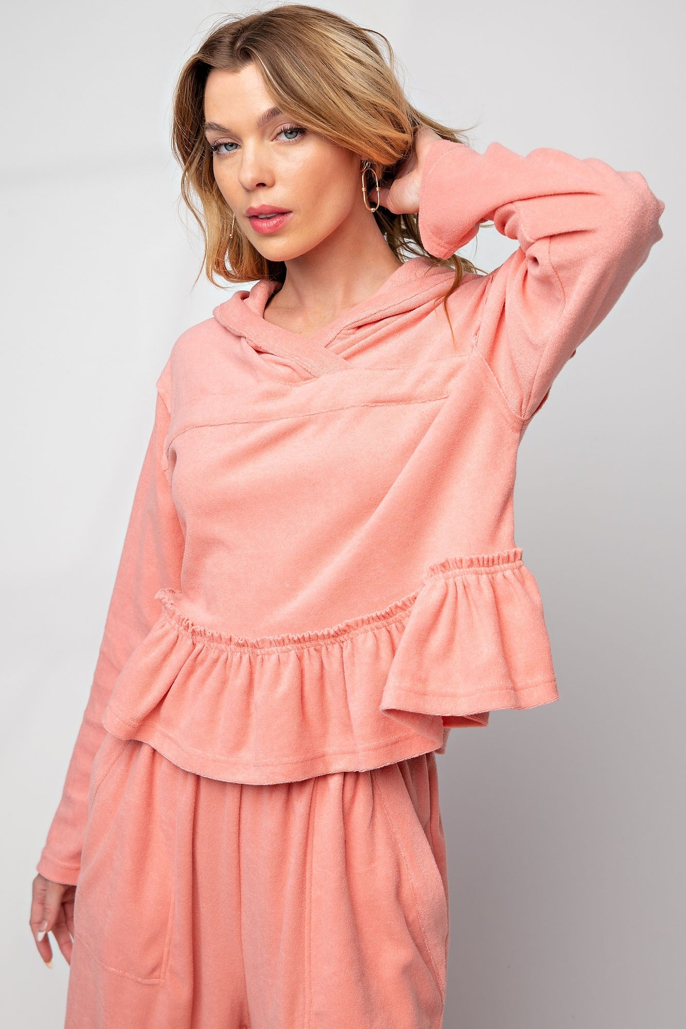 Easel Peach Coral Towel Knit Lounge Pant Set - Roulhac Fashion Boutique