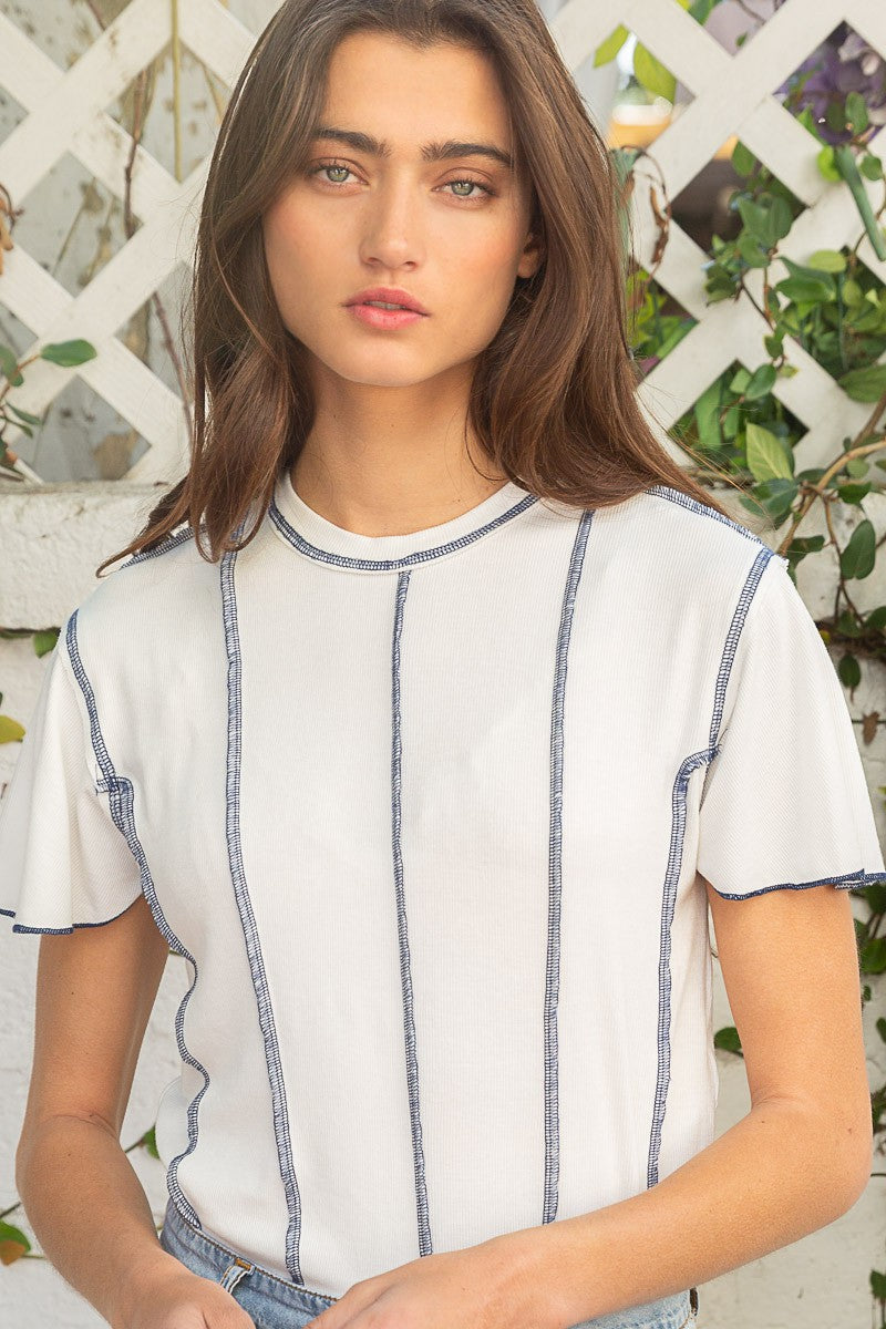 POL Half Sleeves Round Neck Emphasized Stitch Ribbed Knit Top - Roulhac Fashion Boutique