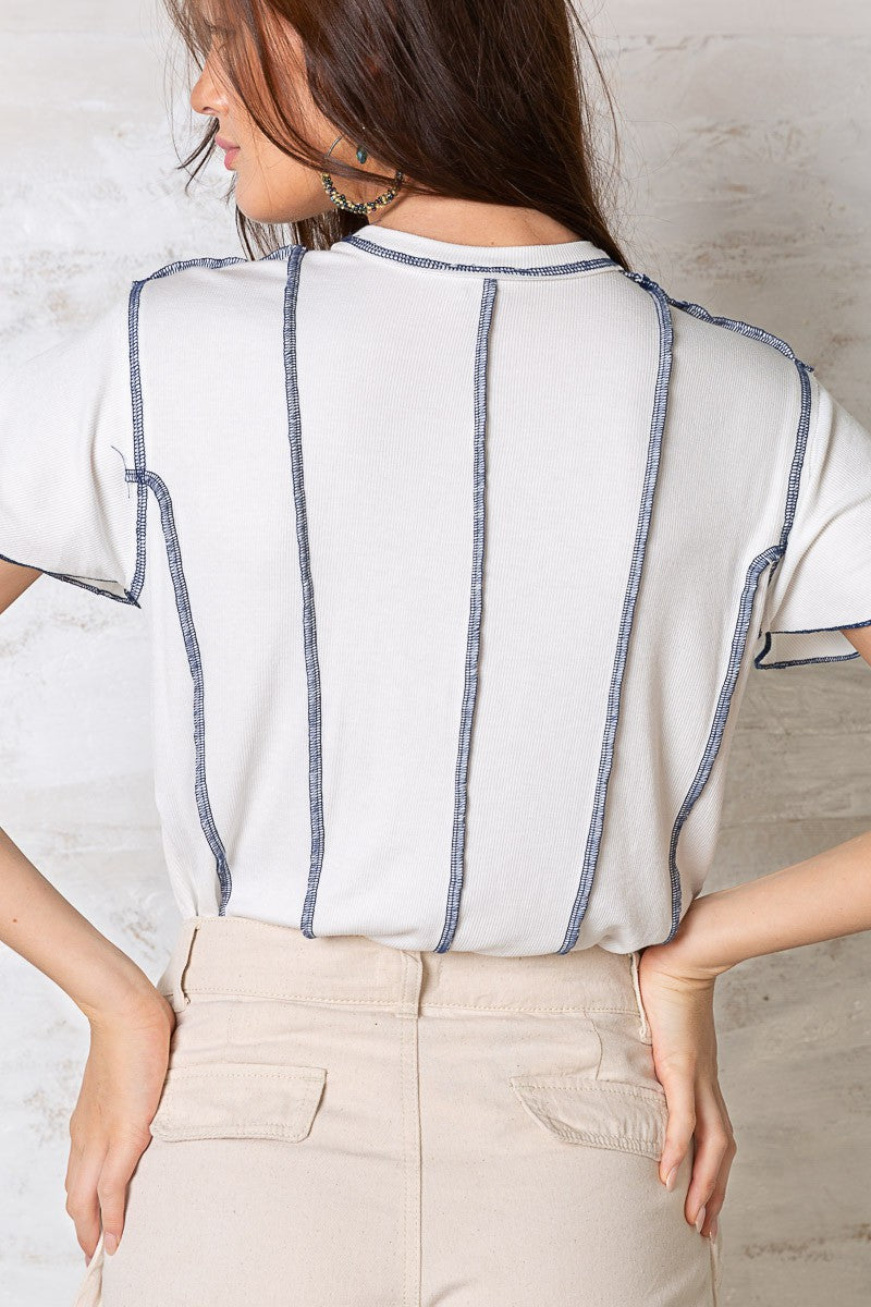 POL Half Sleeves Round Neck Emphasized Stitch Ribbed Knit Top