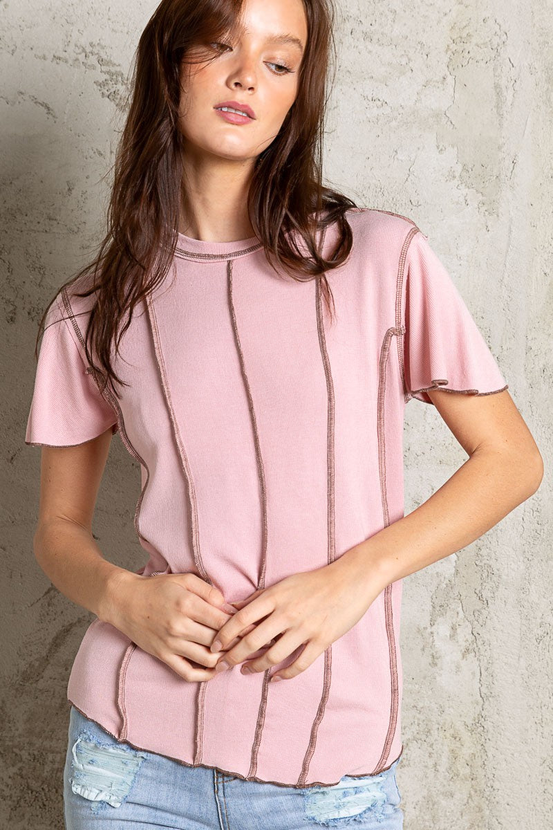 POL Half Sleeves Round Neck Emphasized Stitch Ribbed Knit Top
