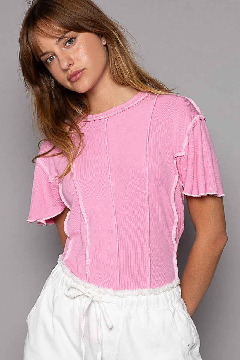 POL Half Sleeves Round Neck Emphasized Stitch Ribbed Knit Top - Roulhac Fashion Boutique