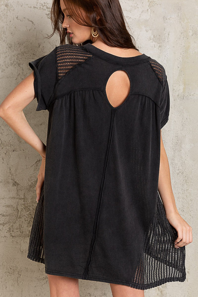 POL Short Sleeve Round Neck Long Shirt Back Eyelet Knit Dress Top