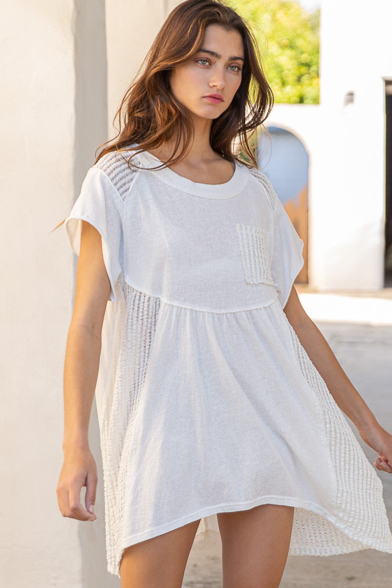 POL Short Sleeve Round Neck Long Shirt Back Eyelet Knit Dress Top - Roulhac Fashion Boutique