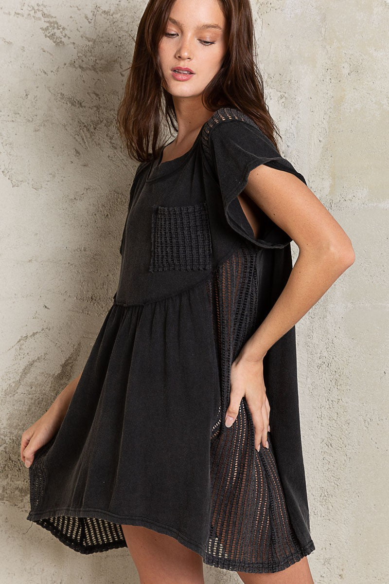 POL Short Sleeve Round Neck Long Shirt Back Eyelet Knit Dress Top