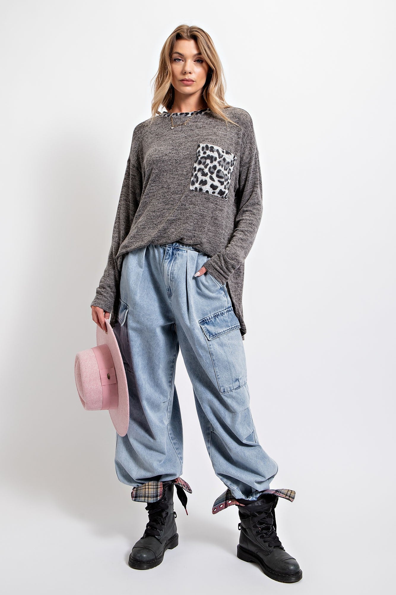 Easel Ash Two Tone Brushed Hacci Long Sleeves Animal Contrast Loose Fit Tunic - Roulhac Fashion Boutique