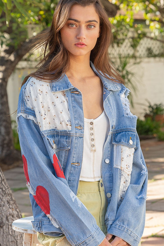 POL Hand Paint Print Patch Work Hand Print Denim Jacket
