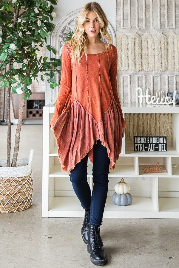 Oli & Hali Washed Fabric Mixed Uneven Hem Tunic Top