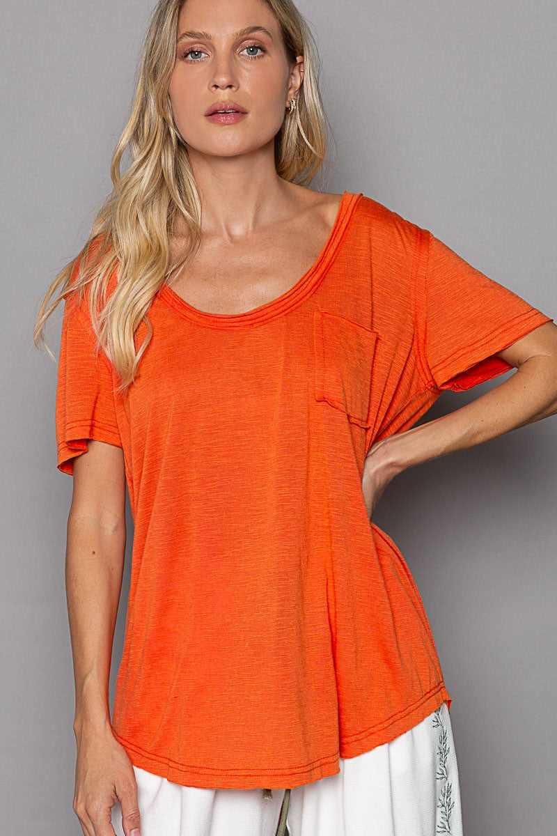 POL Scoop Neck Rayon Slub Pocket Short Sleeve Tee Top