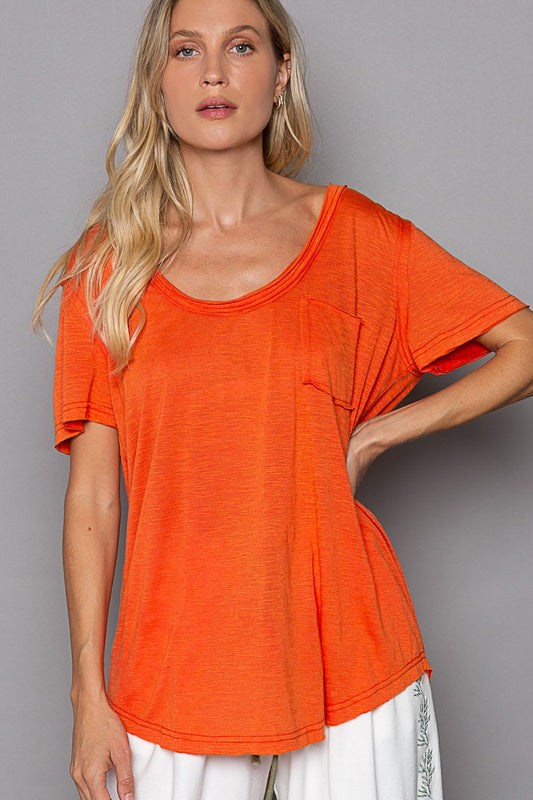 POL Scoop Neck Rayon Slub Pocket Short Sleeve Tee Top