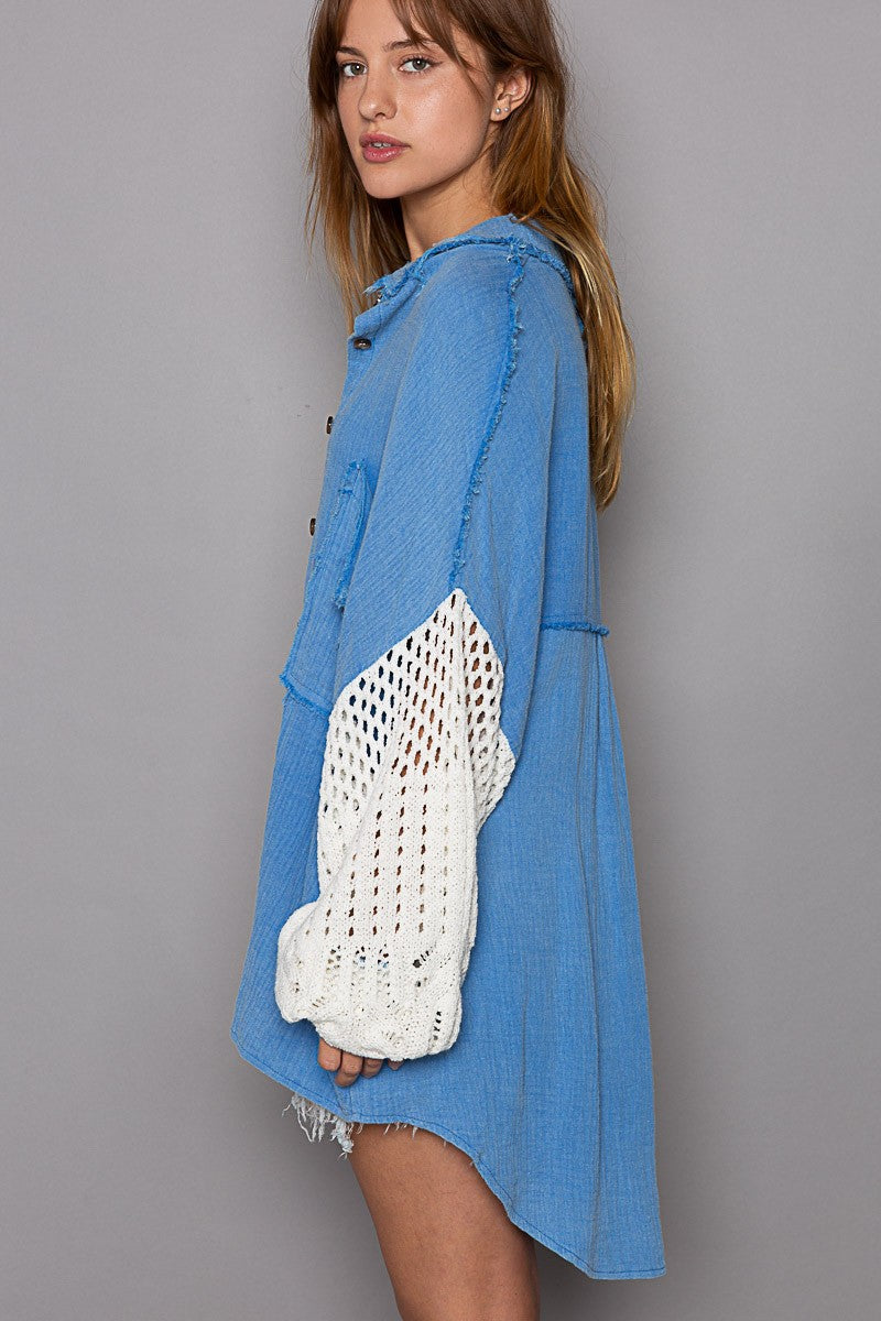 POL Contrast Sweater Sleeves Chest Pockets Shirt Top