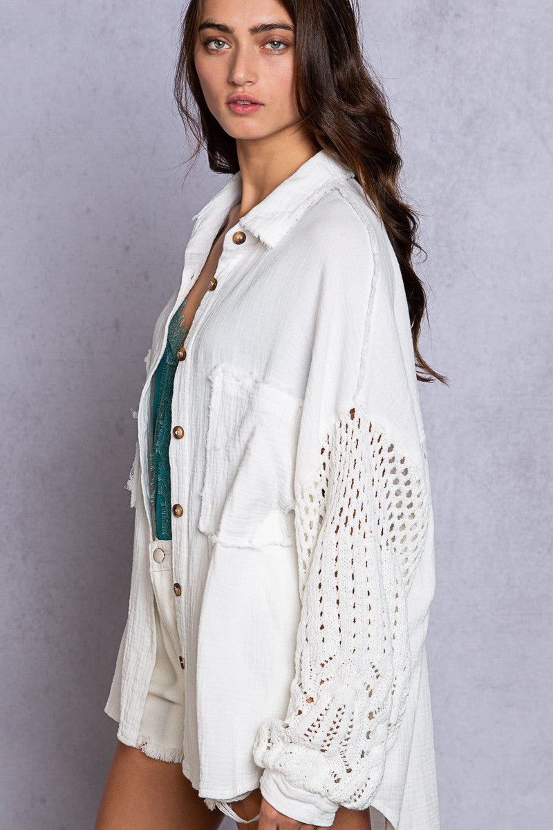 POL Contrast Sweater Sleeves Chest Pockets Shirt Top