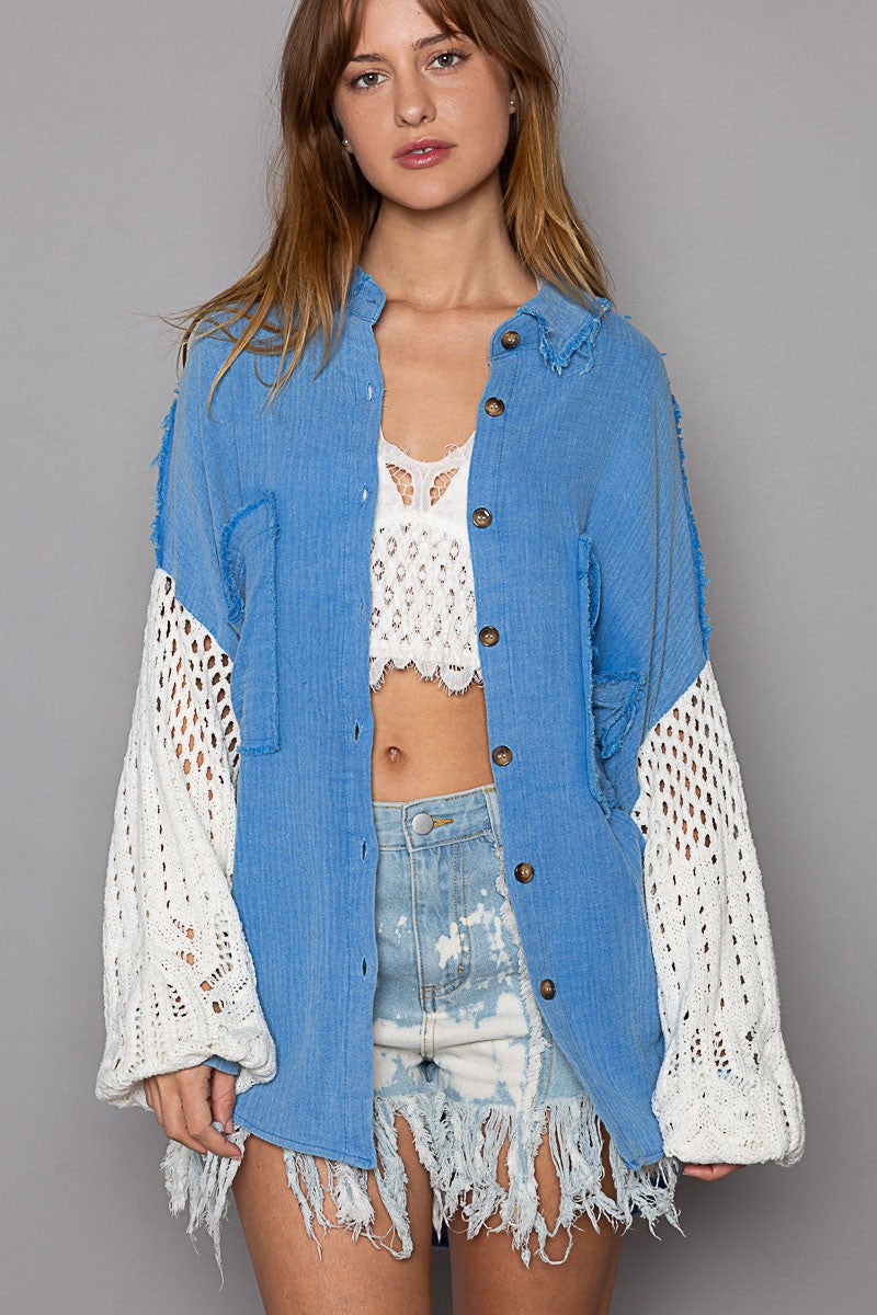 POL Contrast Sweater Sleeves Chest Pockets Shirt Top