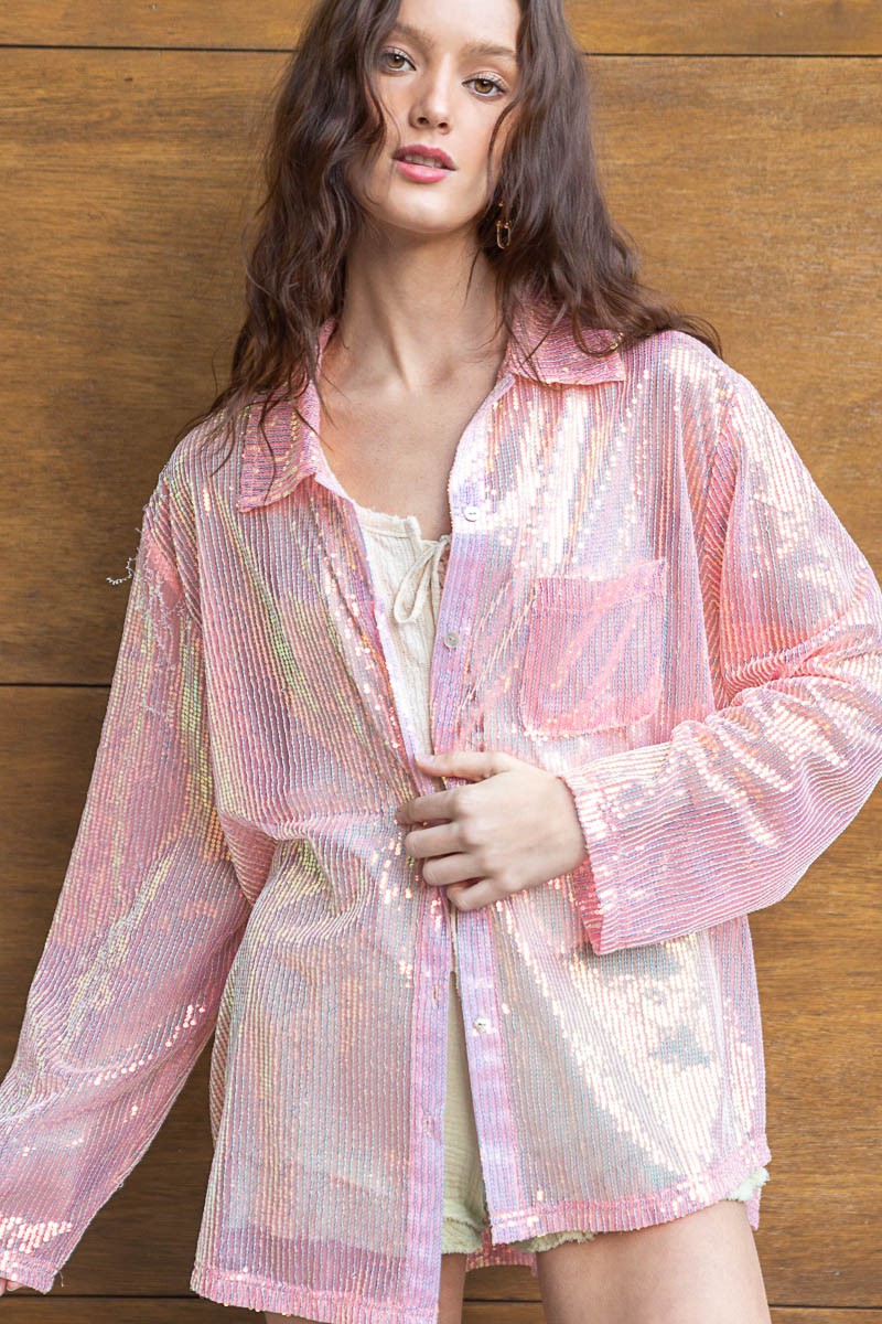 POL Casual Sequin Pocket Shirt Top