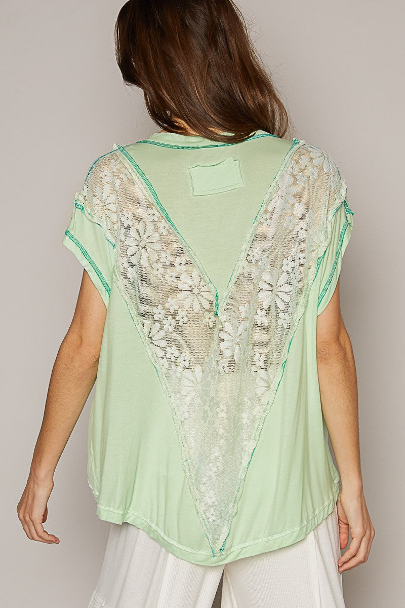 POL Asymetrical Lace Dropped Shoulder Panel V Neck Top
