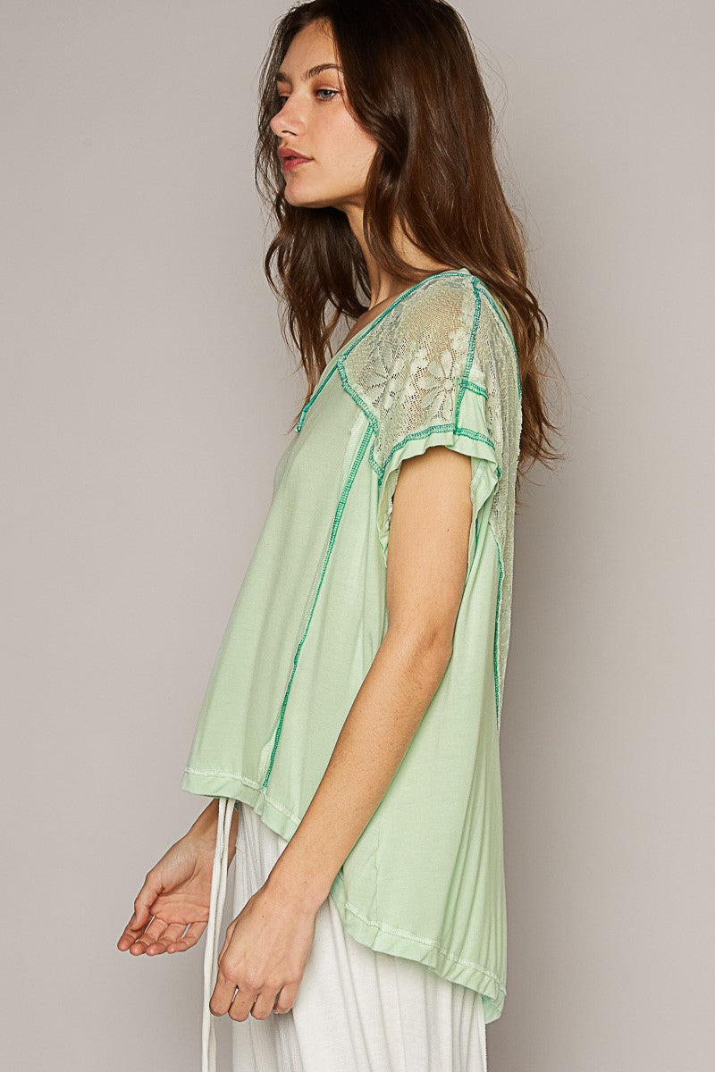 POL Asymetrical Lace Dropped Shoulder Panel V Neck Top