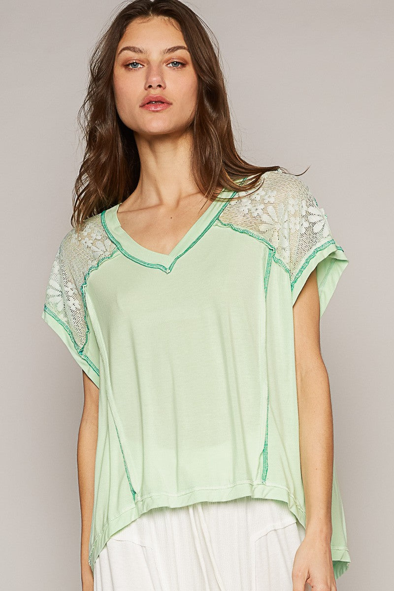 POL Asymetrical Lace Dropped Shoulder Panel V Neck Top