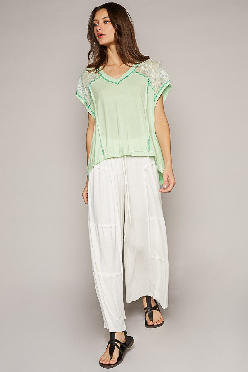 POL Asymetrical Lace Dropped Shoulder Panel V Neck Top