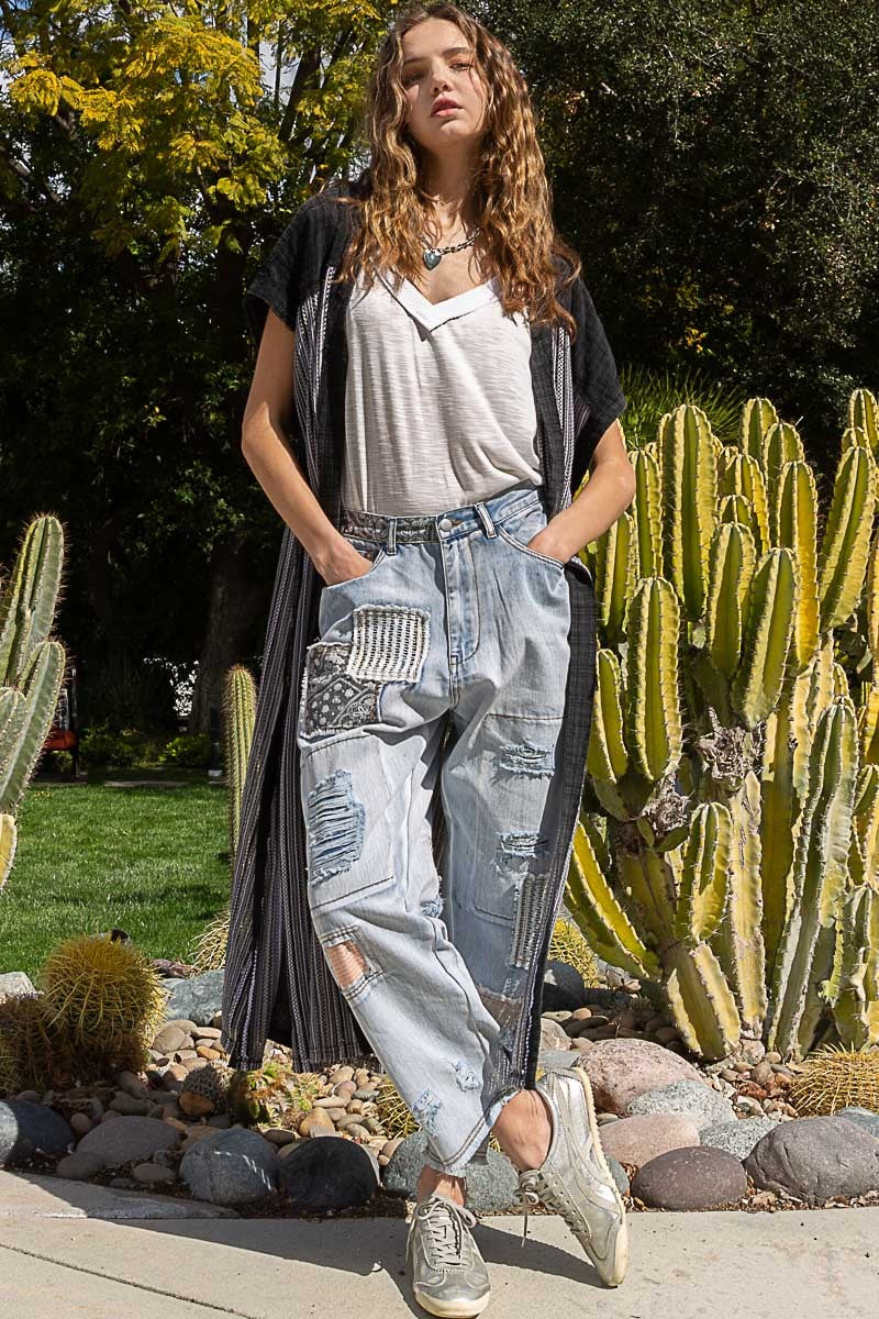 POL Multi Color Open Front Button Slit Panel Tunic Top