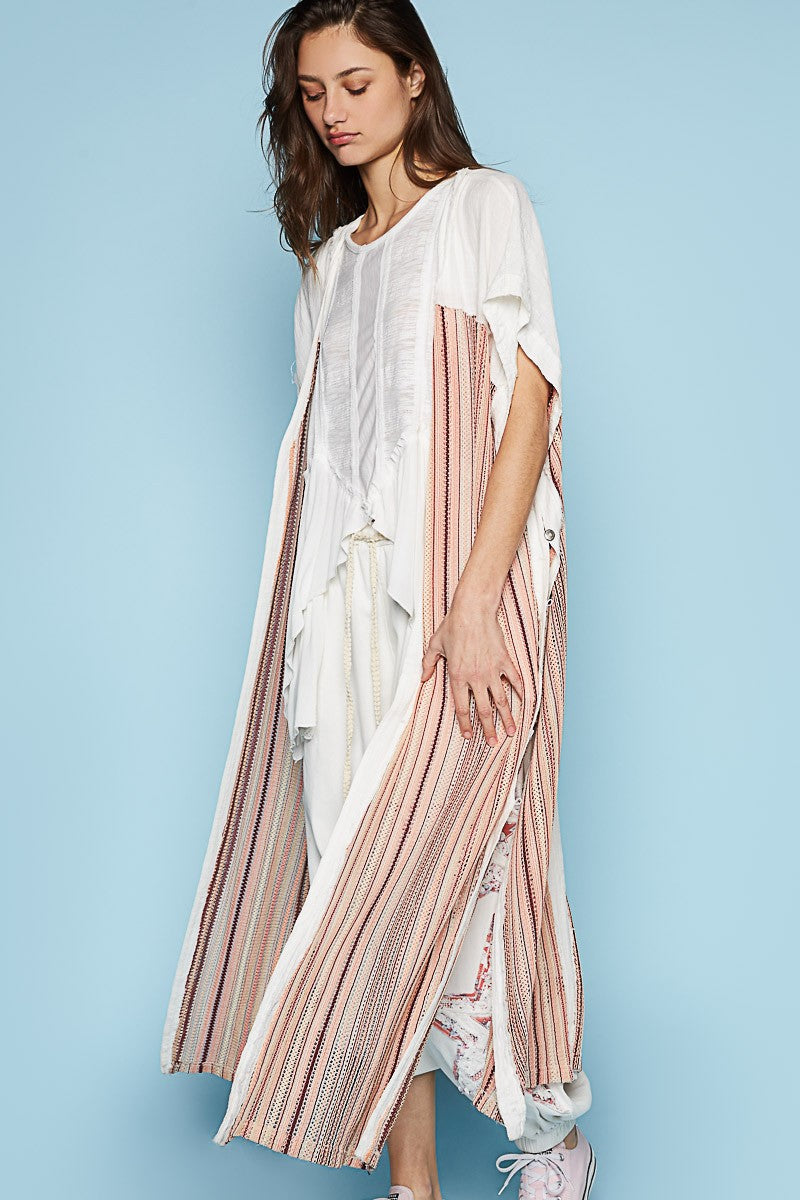 POL Multi Color Open Front Button Slit Panel Tunic Top